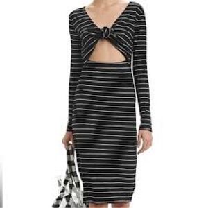 INTERMIX Navy White Stripe Rib Knit LS dress with Front tie detail